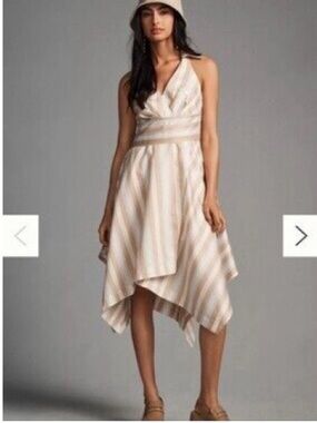 Maeve Striped Halter Handkerchief Hem Dress in Cream and Tan